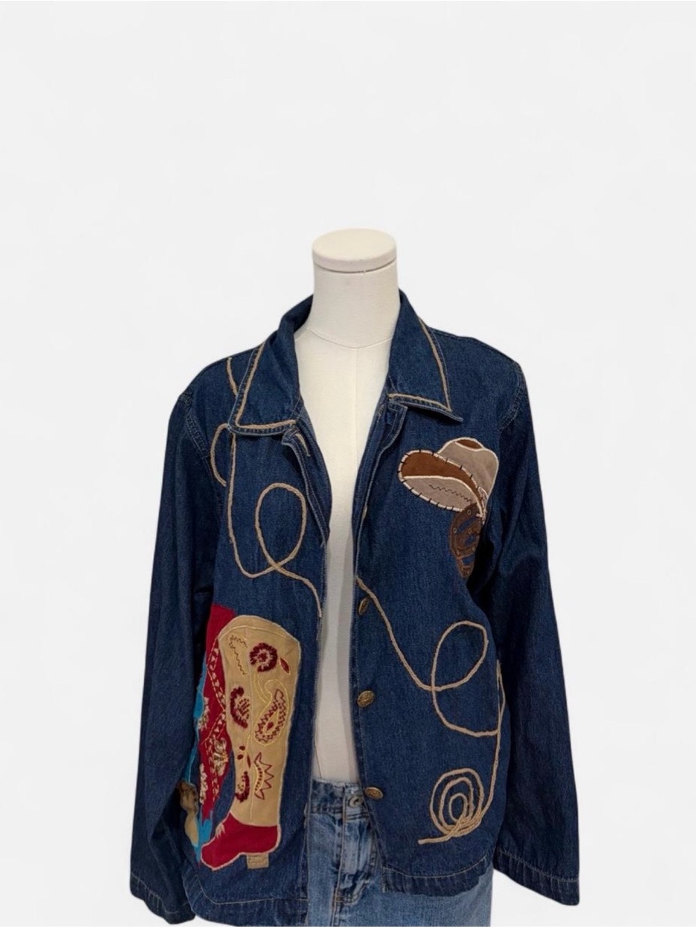Embroidered Dark Blue Denim Jacket with Western Appliqué